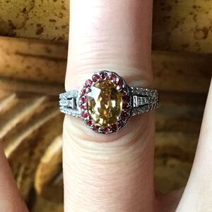 Natural Red Sapphire Yellow Zircon Sterling Silver Halo Ring Size 5